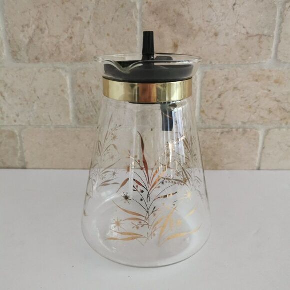 Vintage Pyrex Glass Carafe Gold Wheat Atomic Starburst MCM Retro Coffee Tea Pot - Picture 3 of 9